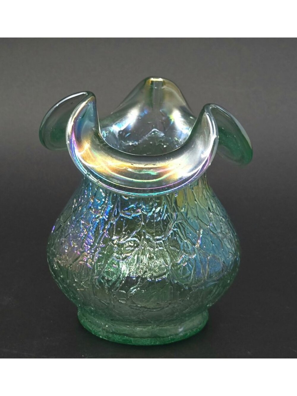 Fenton Seafoam Green Crackled Glass Vase Iridescent Finish & Ruffled Rim